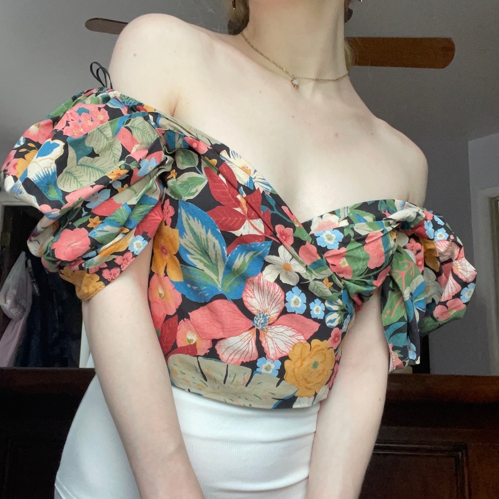 Zara Puff Sleeve Floral Botanical Crop Top